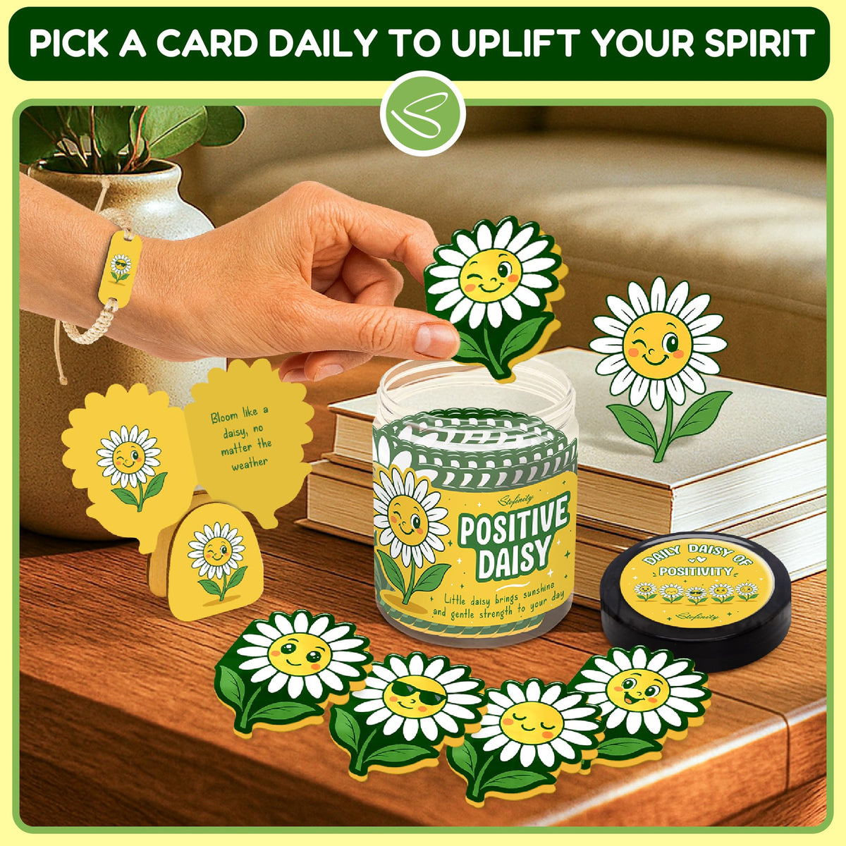 Stofinity Positive Daisy Gifts For Women - Emotional Support Flowers For Teachers Appreciation Gifts, Jar of Positive Affirmations Cards For Teens, Inspirational Gift Cute Desk Accessories