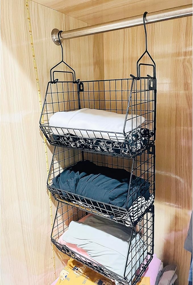 3 Tier Hanging Foldable Wire Baskets Closet Organizer Clothes Shelves