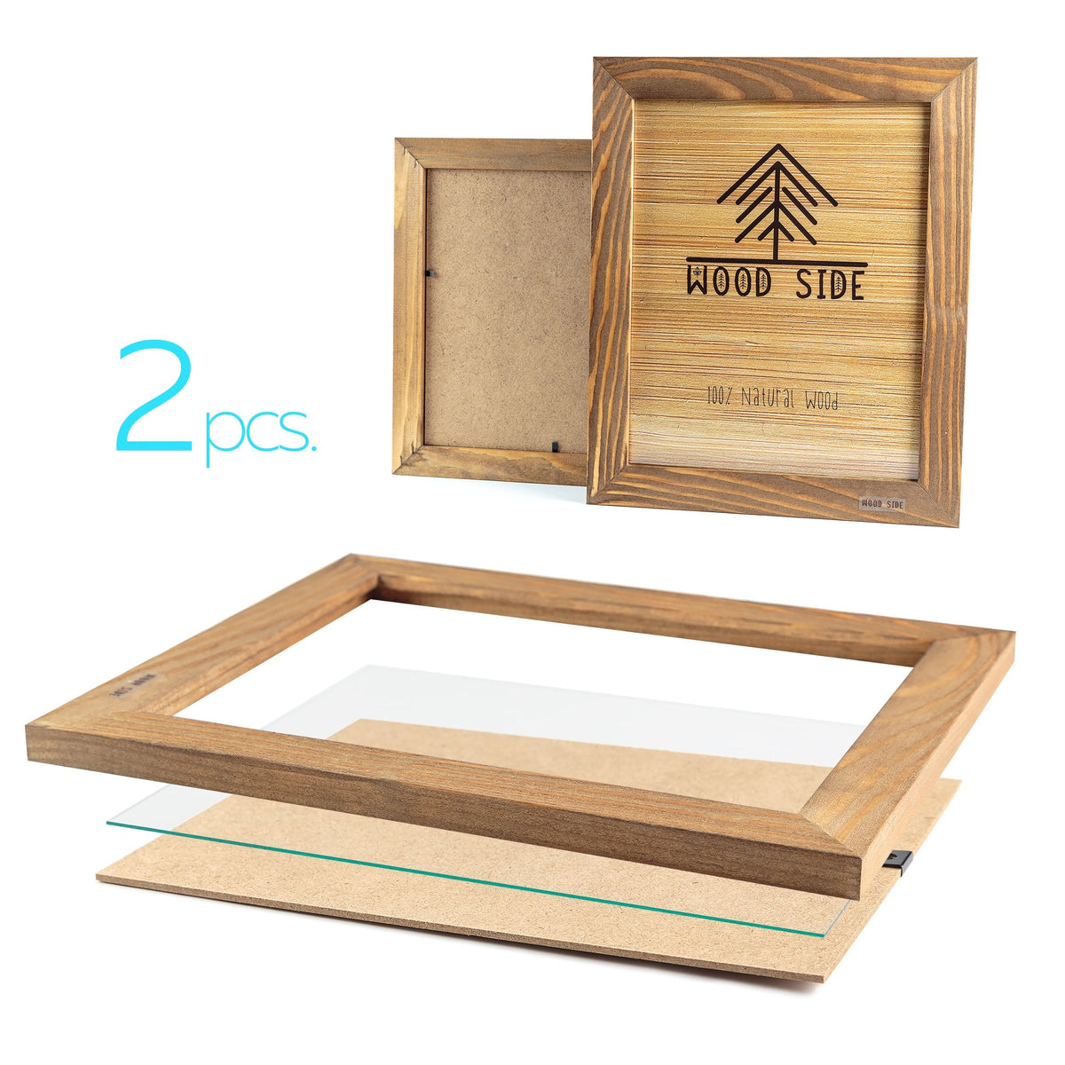 Rustic Wooden Picture Frame 8x10 - Set of 2-100% Natural Eco Walnut Wood with Real Glass for Wall Mounting and Tabletop