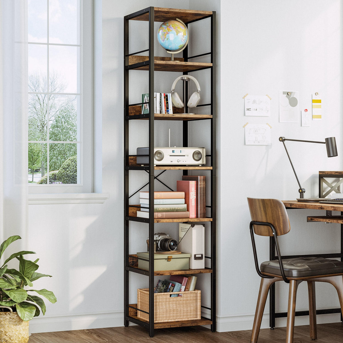 IRONCK 75" Tall Narrow Book Shelf, 6-Tier Open Corner Bookshelf, Industrial Metal Frame Square Display Storage Rack for Living Room, Rustic Brown