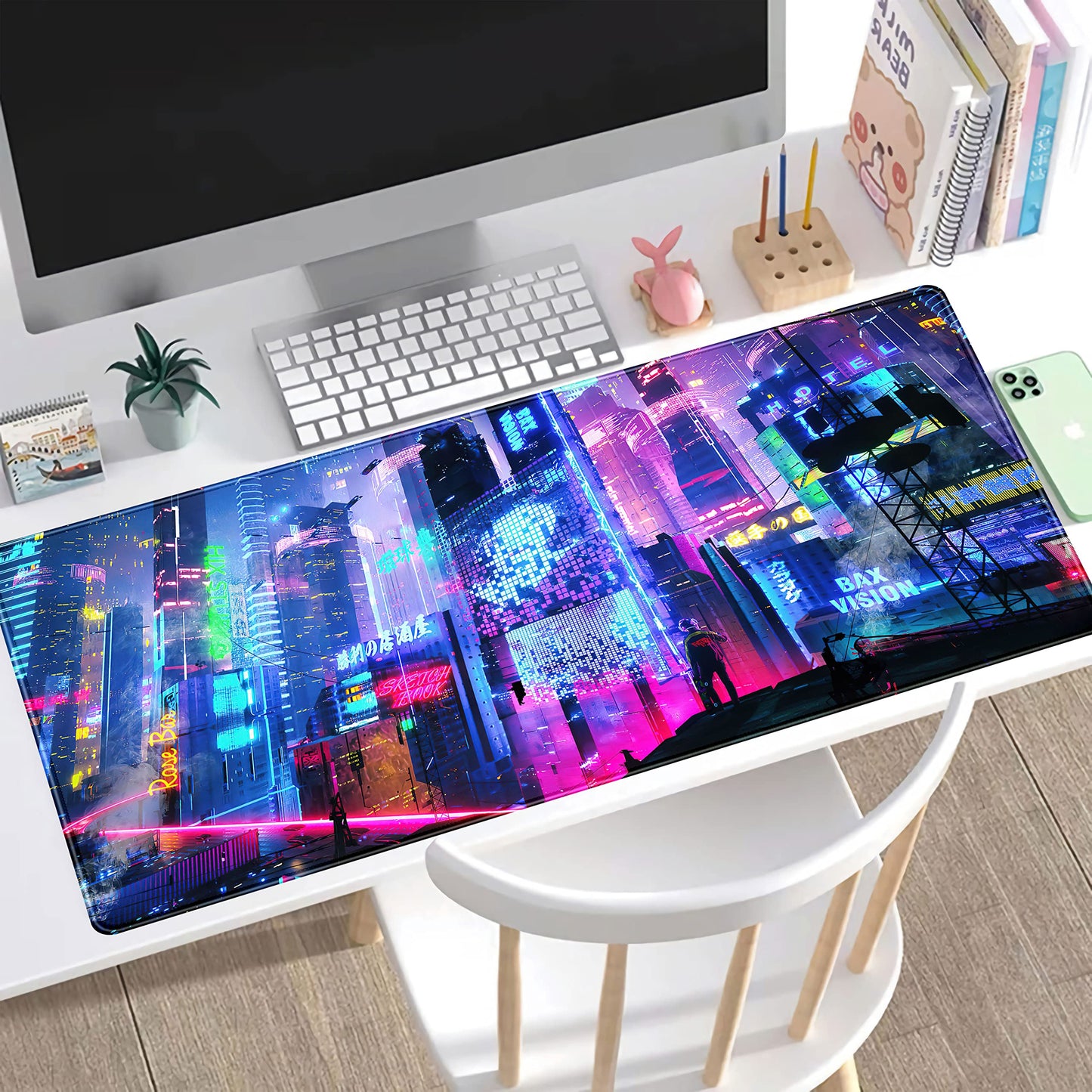 Japanese Street Desk Mat Futuristic Neon City Print Mouse Pad, Exclusive Desk Mats, XXL Large Gaming Mousepad 31.5"x15.75", Office Decor for Women Girls Keyboard Mat Laptop Computer Mat