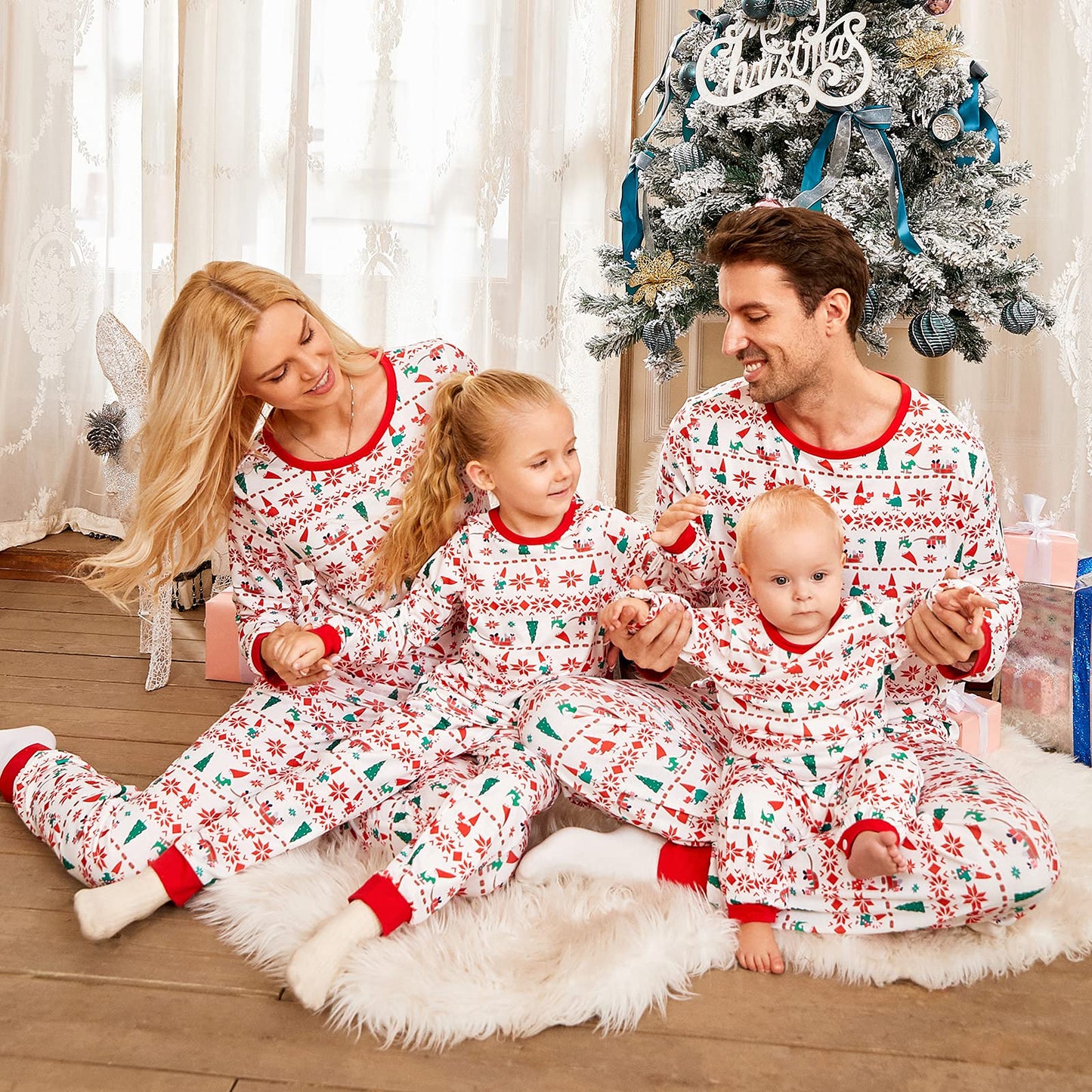 PopReal Christmas Pajamas for Family, Matching Family Christmas PJs Sets Blue Elk Tree Printed Top Sleepwear