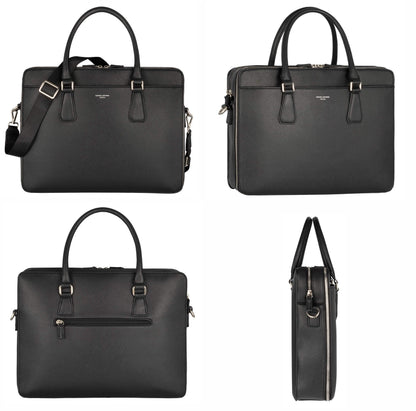 David Jones - Men's Business Briefcase Work Satchel - 13 Inch Laptop Bag PU Leather - Shoulder Messenger Bag - Multiple Pockets Crossbody Bag - Computer Handbag Office College Travel Elegant - Black