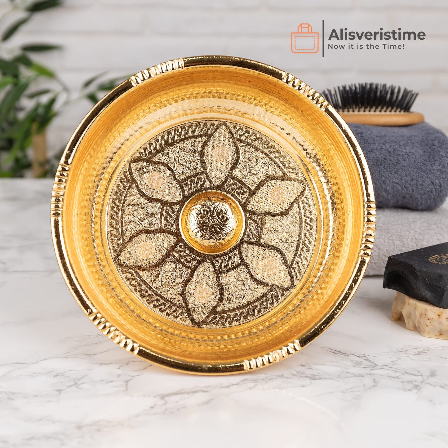 Alisveristime Traditional Turkish Bath Hammam Bowl with Authentic Motifs (440gr (15.50 oz) Made of Zinc (7.87-Inch Diameter) (Gold)