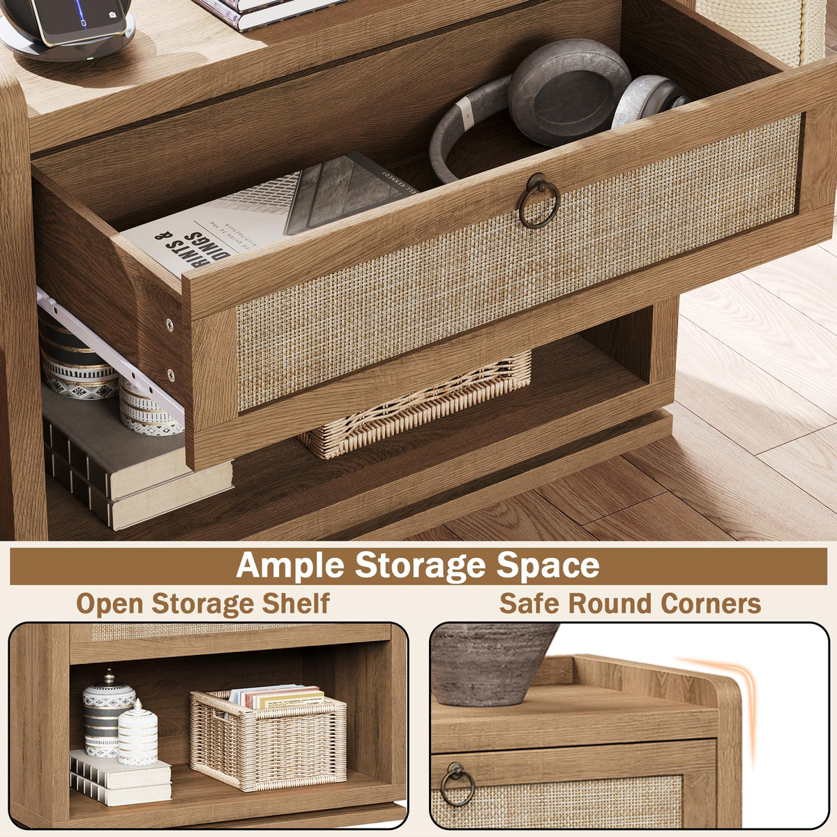 31" Wide Rattan Nightstand with Charging Station, End Side Table