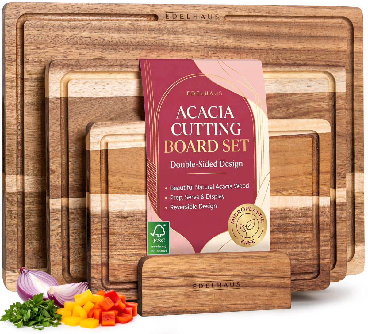 Acacia Wood Cutting Board for Kitchen, Non-Toxic Cutting Board Set of 3, Chopping Boards with Deep Juice Groove for Meat, Cheese & Vegetables - Durable & Double sided with serving Compartments