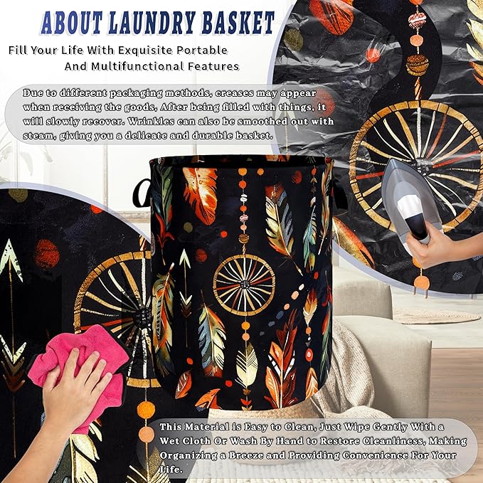 Boho Feather Printed Laundry Basket Foldable Oxford Cloth Colorful Laundry