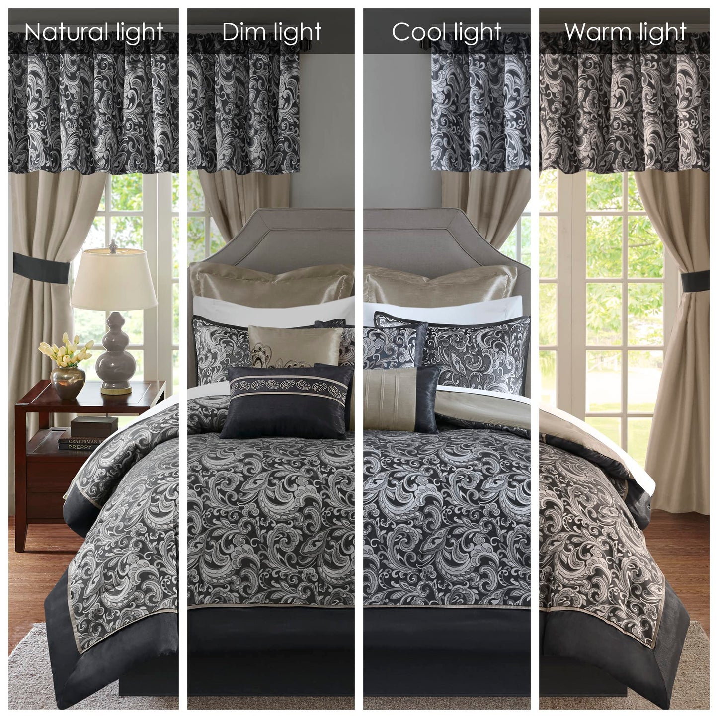 Madison Park Essentials Brystol 24 Piece Room in a Bag Faux Silk Comforter Jacquard Paisley Design Matching Curtains Down Alternative All Season Bedding-Set, Queen(90 in x 90 in), Black 24 Piece