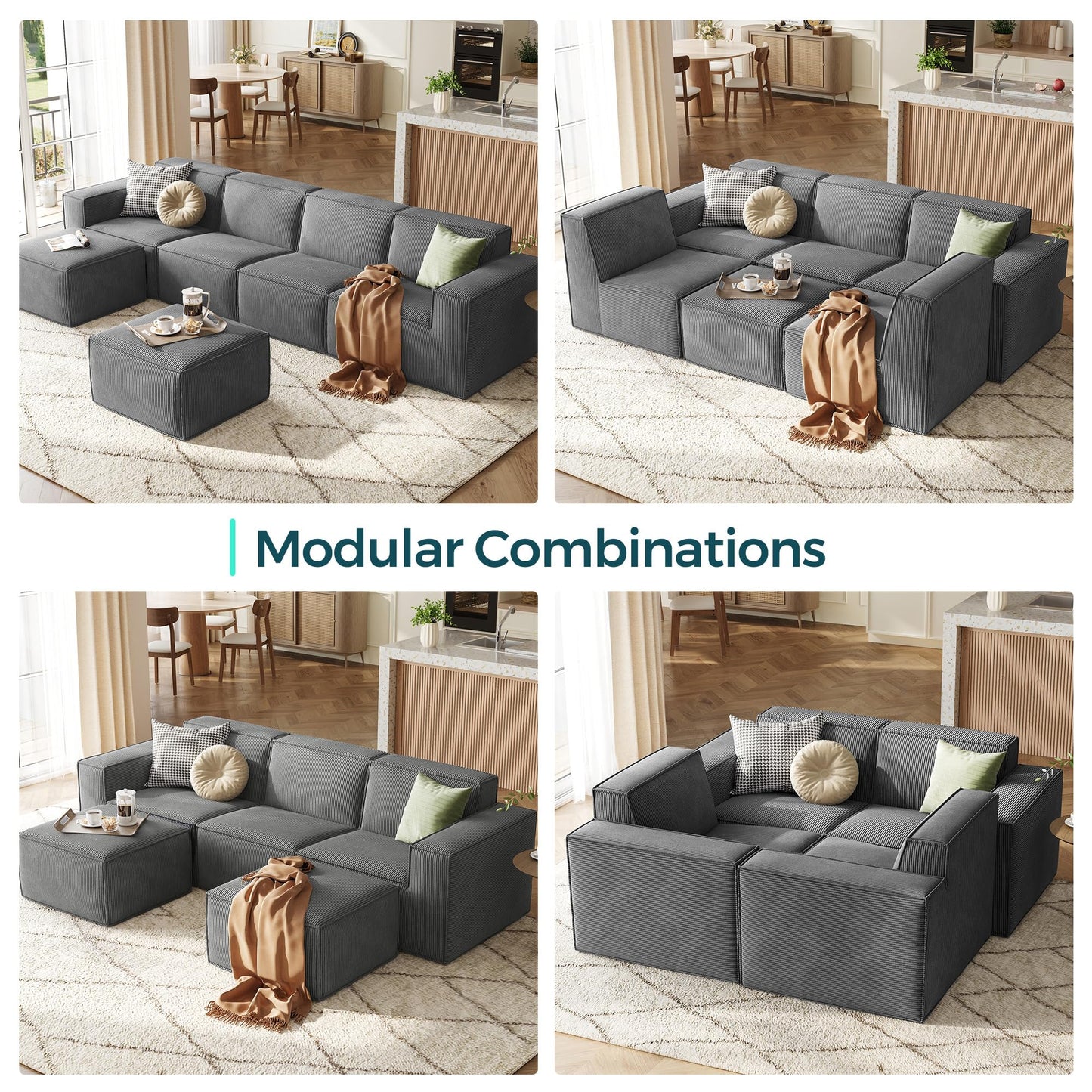 LINSY HOME Modular Sectional Sofa, 134" Boneless Couch L Shaped 4-Seat Sofa with Movable Ottoman, Corduroy Sectional Cloud Couches for Living Room, No Assembly Required, Bluish Grey