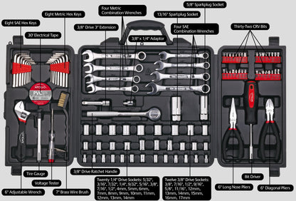 Apollo Tools 101 Piece Mechanic Tool Set for Roadside Emergencies. SAE and Metric for Mechanical Repairs for Boating, RV, Bikes, in Compact Carrying Case - Red - DT0006