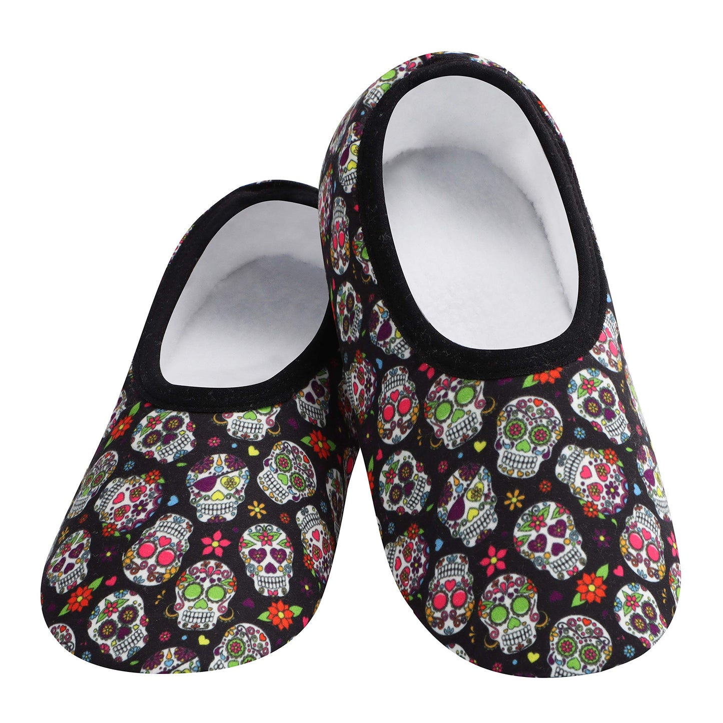 Snoozies Skininies Slipper Socks for Women - Non-Slip slipper socks Lightweight Soft Sherpa Lining - Foldable (Skulls, Large)