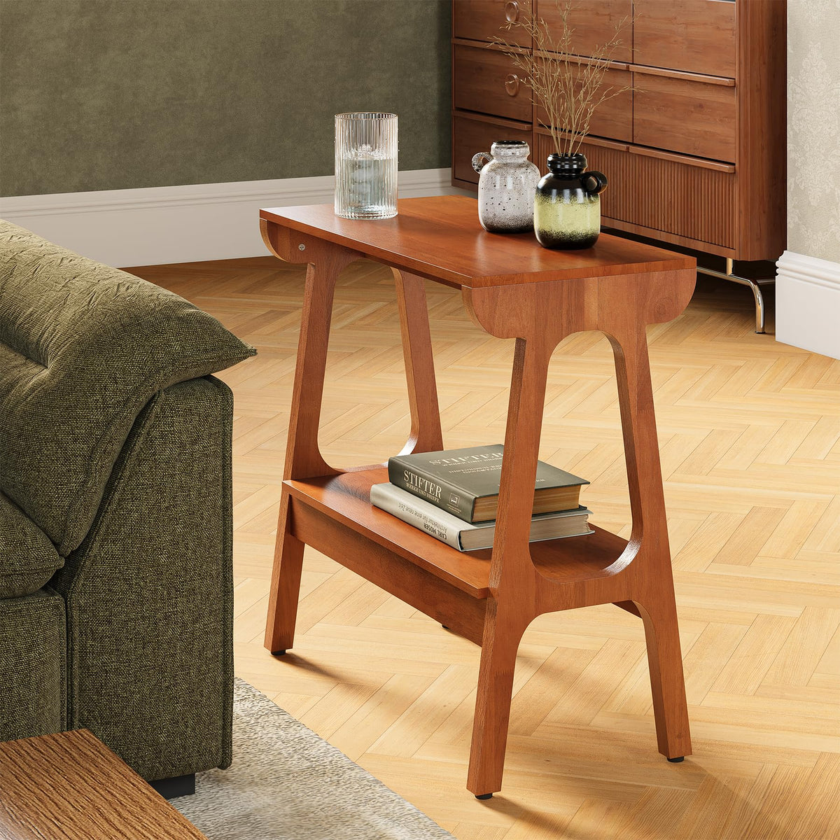 LITTLE TREE Solid Wood End Table, 24" H Small Wooden Side Table with Narrow 2-Tier Shelves, Slim End Tables for Small Spaces, Bedside Table for Bedroom,Living Room,Bathroom, Entryway (24" W x 11.8" D)