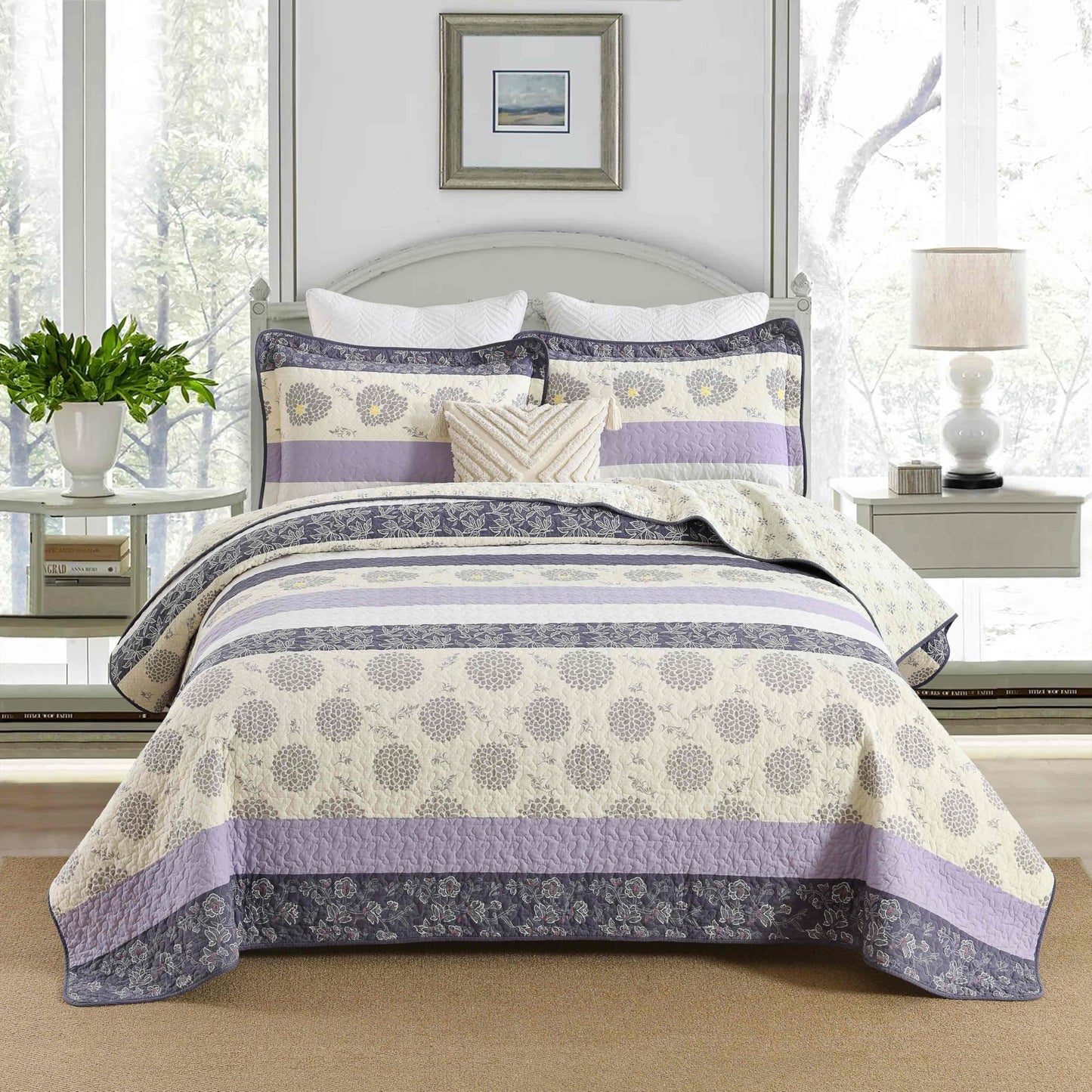 Homzard Floral Comforter Set Queen Size,Purple Lavender Beige Queen Size Quilt Set,All Cotton Quilted Comforter,Striped Floral Pattern Bedding Bedspread, 3 Piece All Season