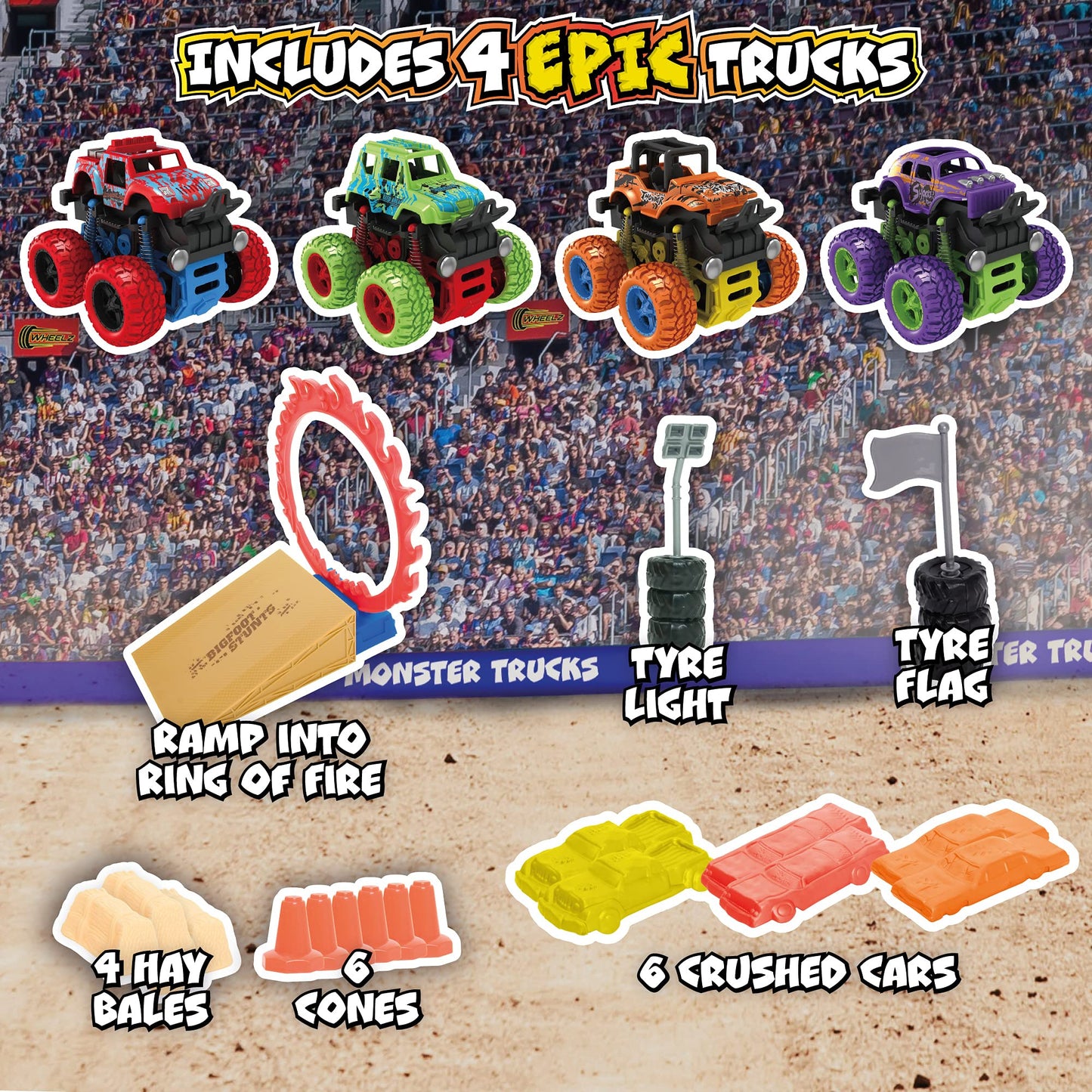 Wheelz Monster Truck Stadium Set - Monster Truck Toys For 3-6 Year Old Boys - Includes 4 Monster Trucks, Storage Tub & Accessories - Boys Car Toys Age 3 Plus