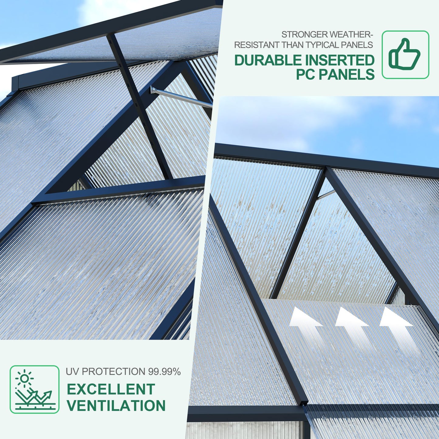 Polycarbonate Greenhouse for Outdoors, Large Walk-InGreenhouse with Quick Setup Structure and Roof Vent, Greenhouse with Ventilation and Rain Gutter