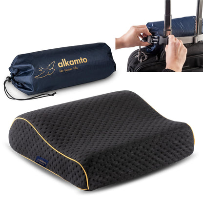 alkamto Travel Pillow - Ergonomic Neck Support Camping Memory Foam Pillow with Temperature-Regulating Pillowcase - Included Waterproof Travel Carry Bag (Black Contour)