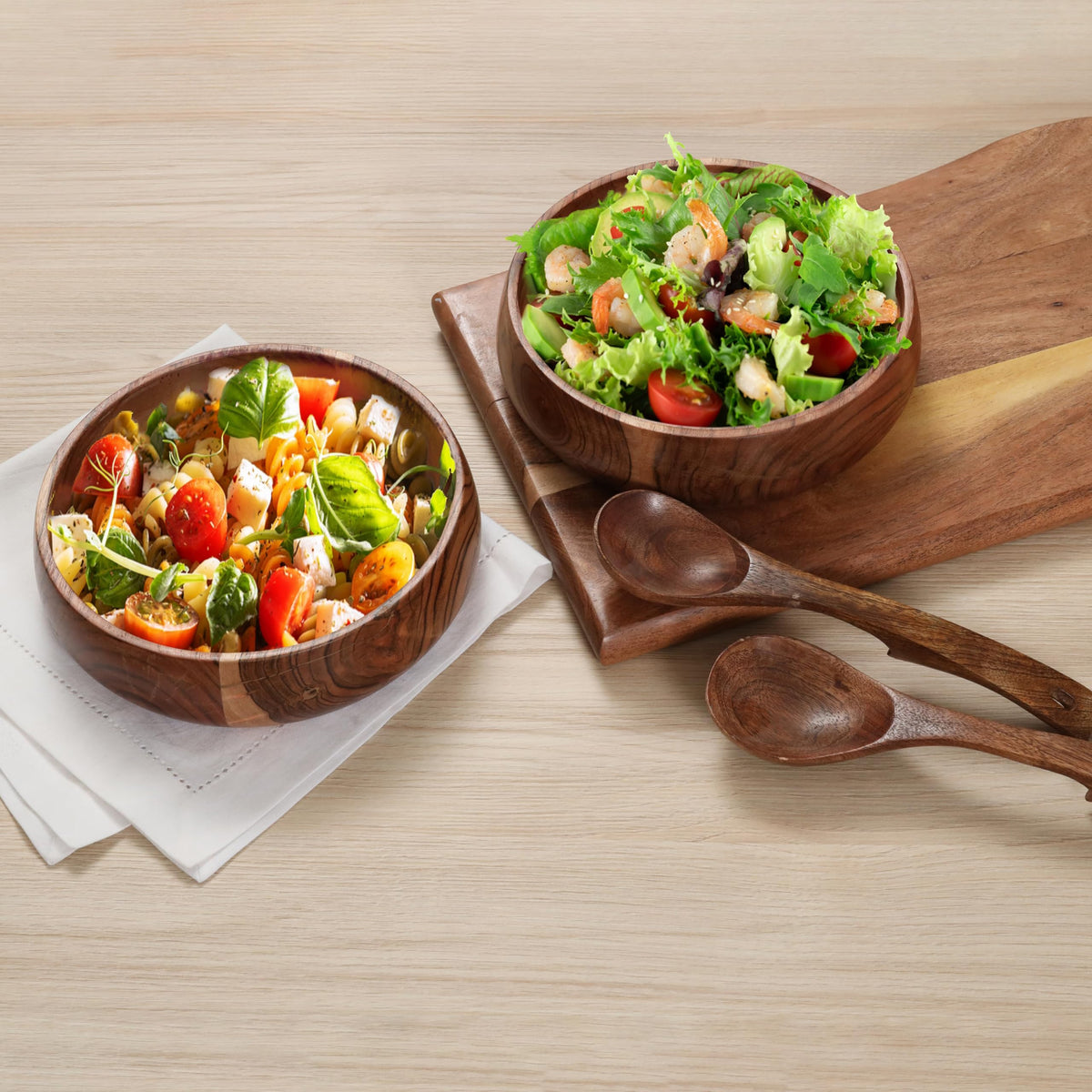 RIANGI Wooden Salad Bowl Set Of 4, Large Acacia Wood Bowls For Food, Decorative Serving Bowls, 8 X 2 Inch For Pasta, Cereal, Fruit, Kitchen Counter - 25 Oz Capacity