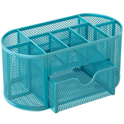 EasyPAG Mesh Pen Holder Desk Organizer with Drawer Stationery Supplies Organizer for Dorm School 9 Compartments Workspace Desk Accessories Organization for Office, Blue