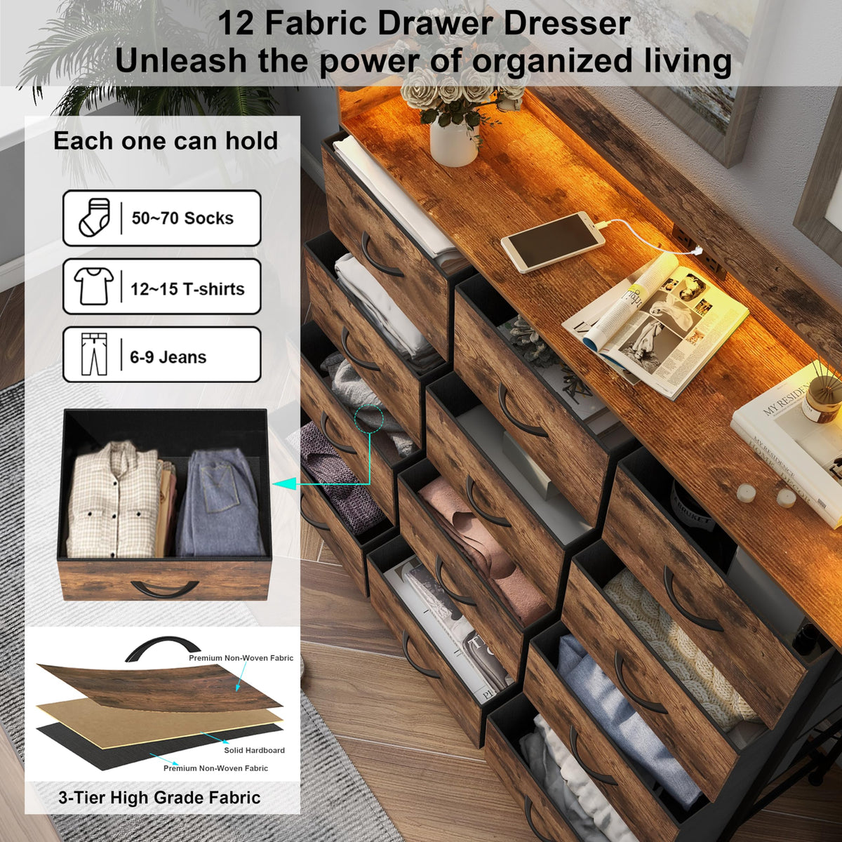 Welfuturer Dresser for Bedroom with 12 Drawers Clothes Dresser with Charging Station and LED Light Fabric Storage Tower for Living Room Hallway Closet Sturdy Steel Frame Wooden Top Rustic Brown