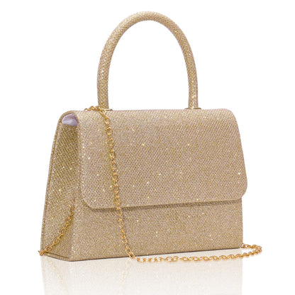 Larcenciel Women's Clutches, Sparkly Champagne Gold Handbags for Women w/Detachable Chain, Top Handle Evening Clutch Bag, Elegant Crossbody Purse Shoulder Bag for Party Prom Wedding, 20x5x13cm
