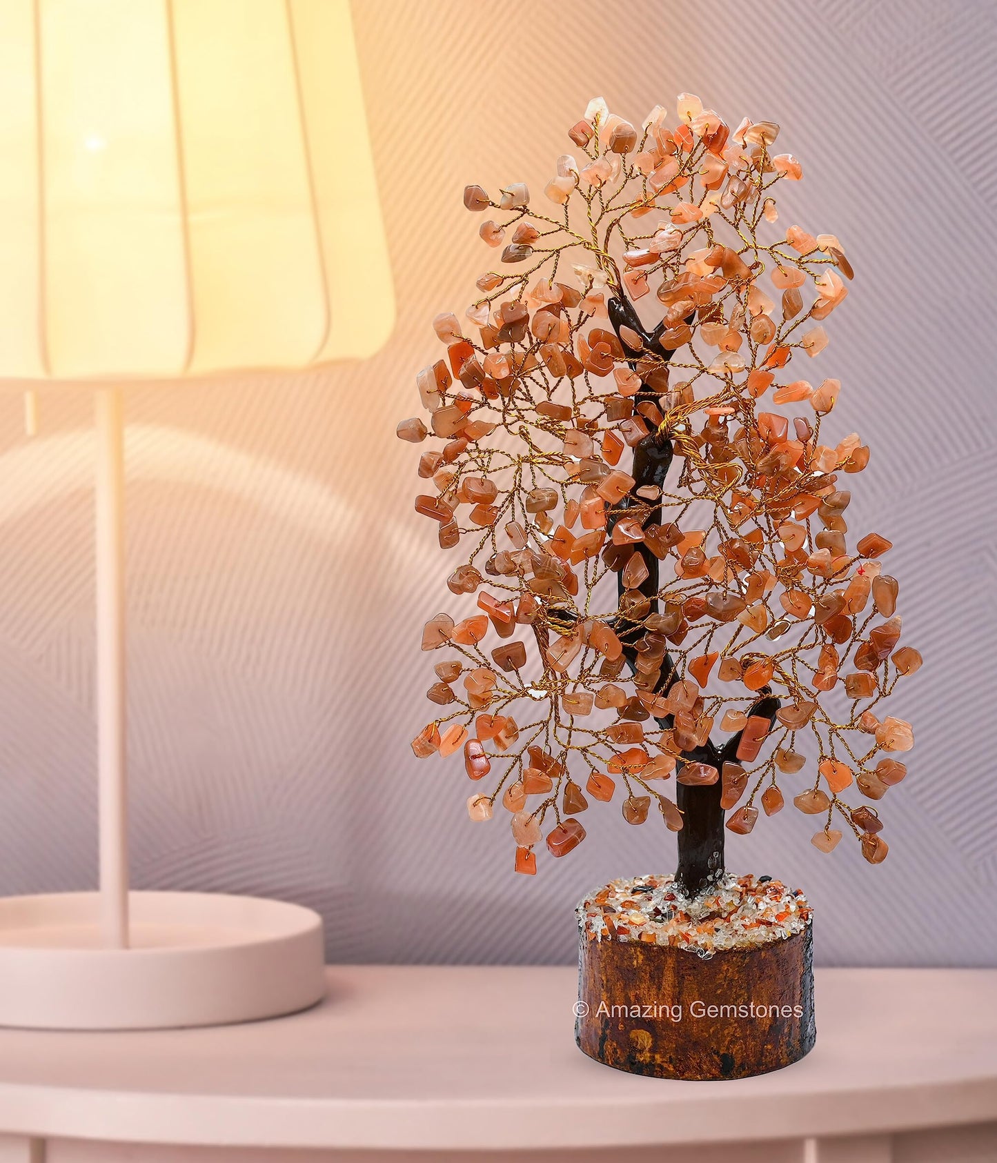 Peach Moonstone Natural Healing Premium Crystal Bonsai Feng Shui Fortune Money Tree of Life for Home Office Decor (Gift Box Ready,10-12 Inch)