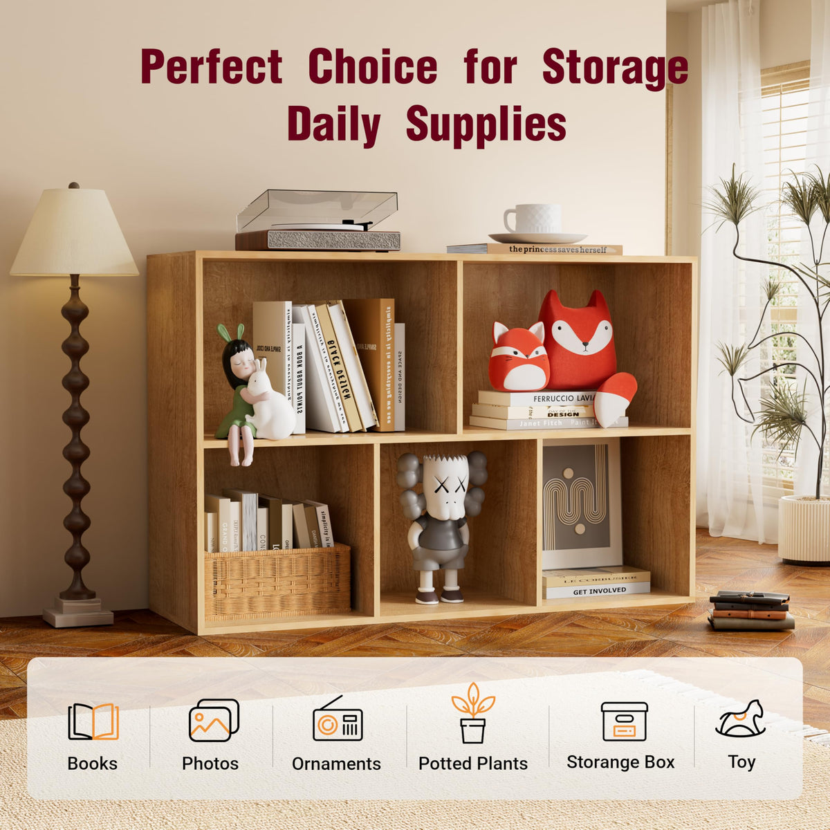 Nestwise Book Shelf, Wooden Cube Storage Organizer with 11" Open Cubes, Stackable Modular Bookcase for Room Divider Storage, 2 Tier Bookshelf for Living Room, Bedroom, Office (Oak, 5-Cube)