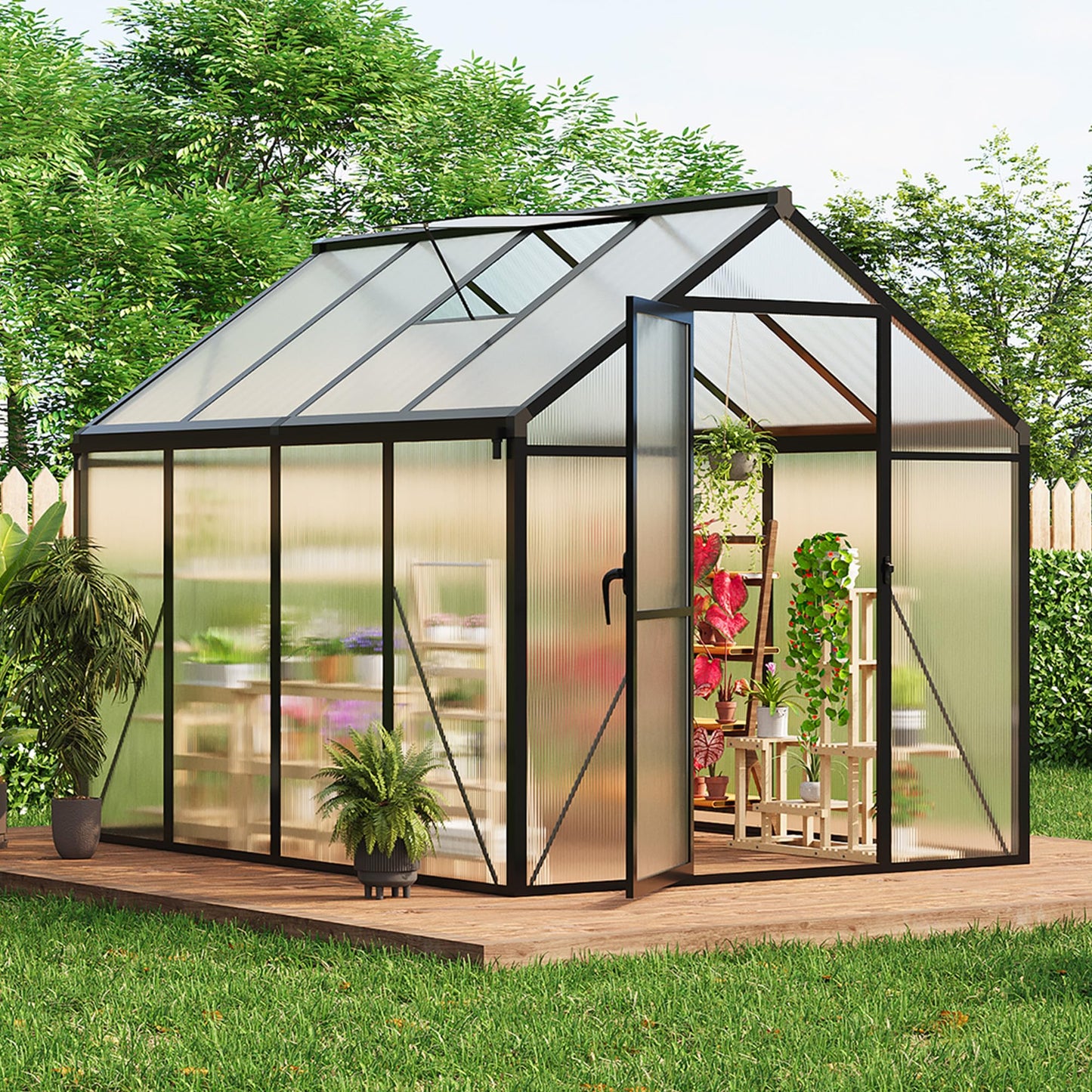 6x8 ft Walk-in Greenhouse, Polycarbonate Panels with Reinforced Aluminum Frame, Large Garden Green House for Planting and Seed Starting, Quick-Assembly Structure with Adjustable Roof Vent