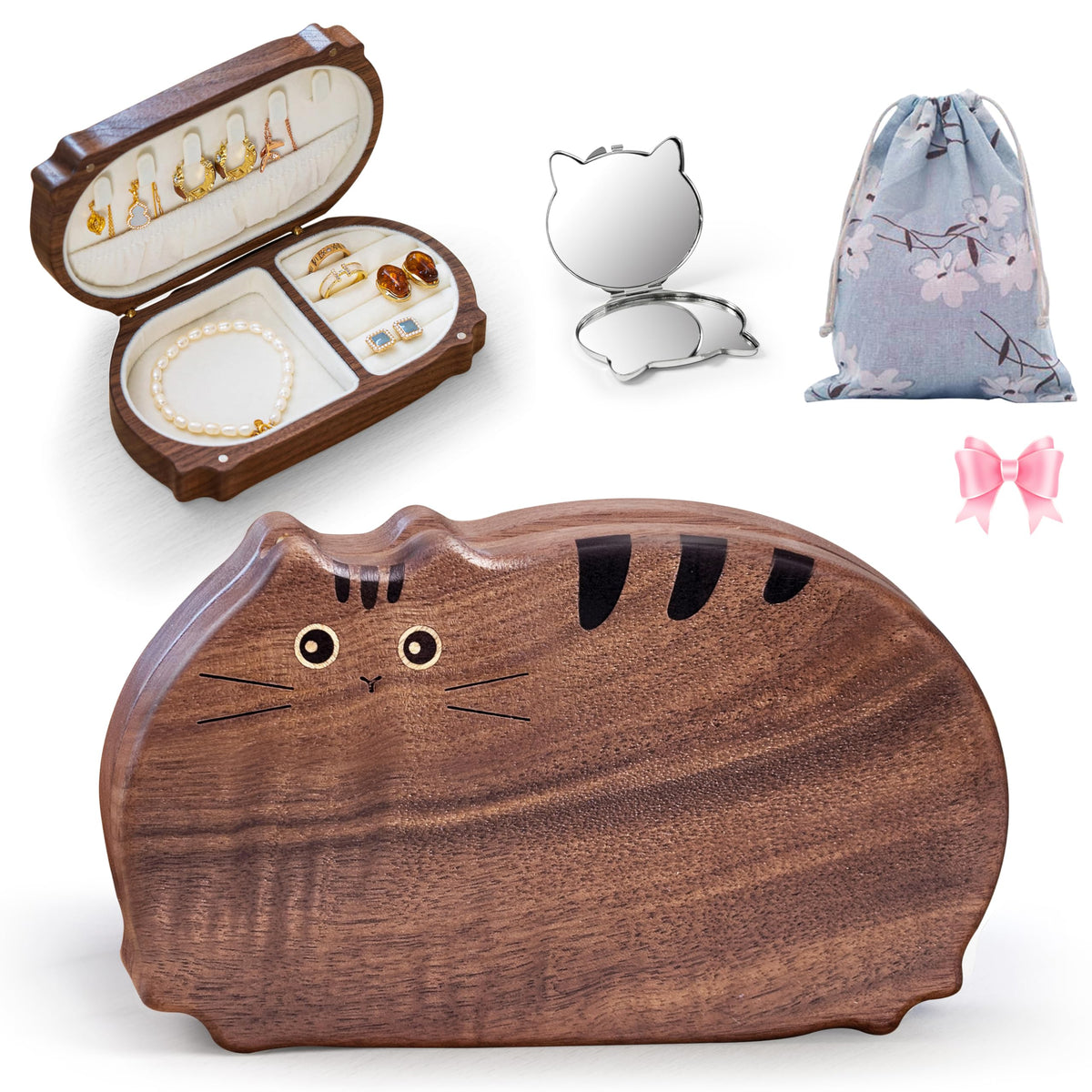 WODTILIFE Personalized cute cat jewelry box, portable travel jewelry case with mirror, Walnut Solid Wooden jewelry organizer, Stores rings, necklaces, earrings, bracelets, Gift for the woman you love.