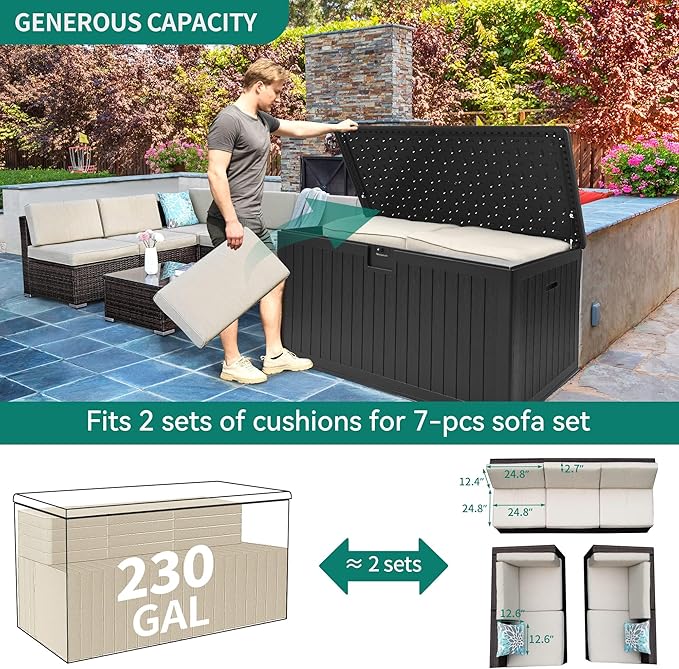 YITAHOME XXL 230 Gallon Large Deck Box,Outdoor Storage for Patio Furniture Cushions,Garden Tools with Flexible Divider,Waterproof,Lockable (Black)