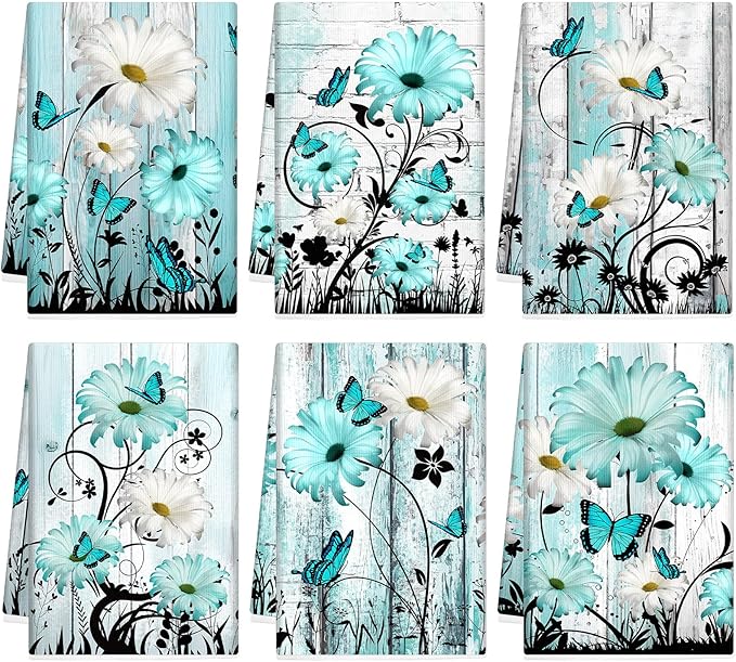 Breling Set of 6 Teal Daisy Kitchen Towel Vintage Themed Dish Towel Turquoise