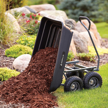 Gorilla Carts GOR4PS Poly Garden Dump Cart with Steel Frame and 10-in. Pneumatic Tires, Padded pull handle and Quick-release for easy unloading, 600-Pound Capacity, Black