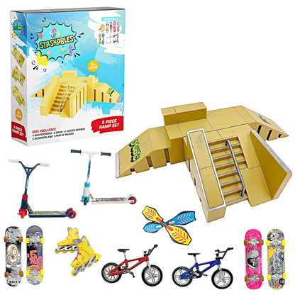 STASHABLES Finger Skateboard Ramp Set – Finger Skatepark Kit 16 Pieces – Skate Park Kit Including mini Skateboards, Ramps, Scooters, Skates, Bikes and Caster Boards – Fingerboard Skate Set