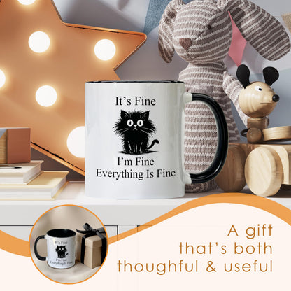Foyoulame Black Cat Gifts Funny Coffee Mugs - Black Cat Mug, Funny Sarcastic Cats Coffee Teacup, Cat Lover Gifts for Women, I'm Fine Everything is Fine Ceramic CoffeeMug 11oz