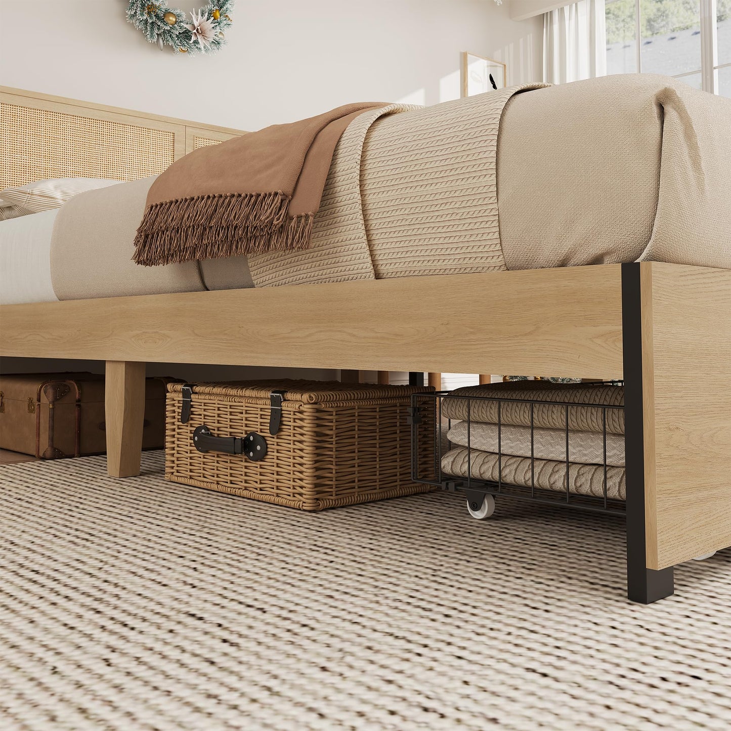 GarveeHome Rattan Bed Frame Full Size Bed Frame with 2 Drawers, Wooden Platform Bed with Rattan Headboard, Led Lights, Boho Storage Bed Frame, Noise Free, No Box Spring Needed, Natural Oak
