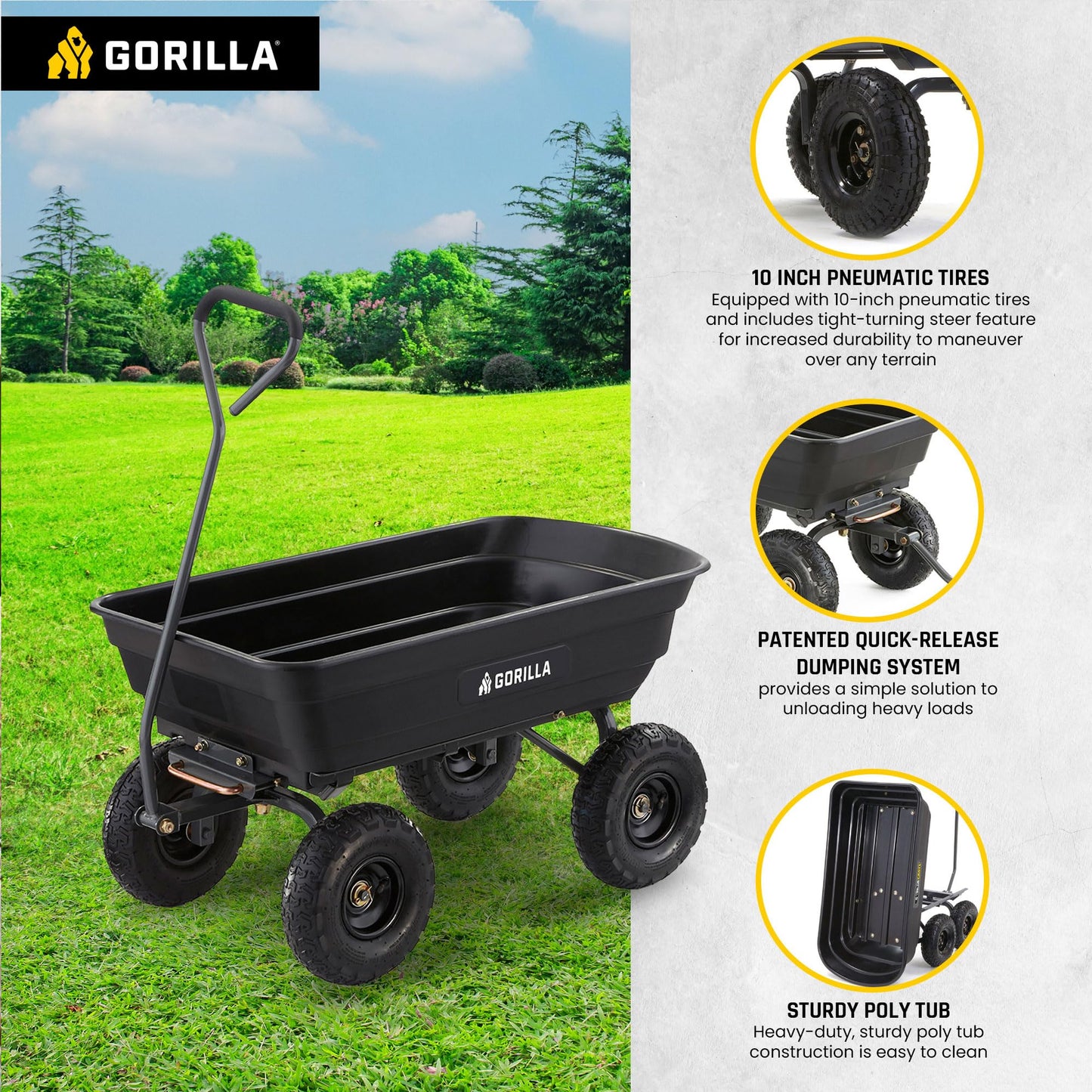 Gorilla Carts GOR4PS Poly Garden Dump Cart with Steel Frame and 10-in. Pneumatic Tires, Padded pull handle and Quick-release for easy unloading, 600-Pound Capacity, Black