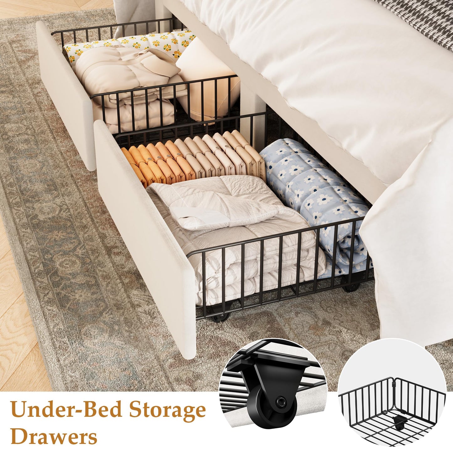 GarveeHome Queen Size Bed Frame, Bed Frame Upholstered Platform Bed with Velvet Headboard, Wing Edge Design, 2 Storage Drawers, No Box Spring Needed, Beige