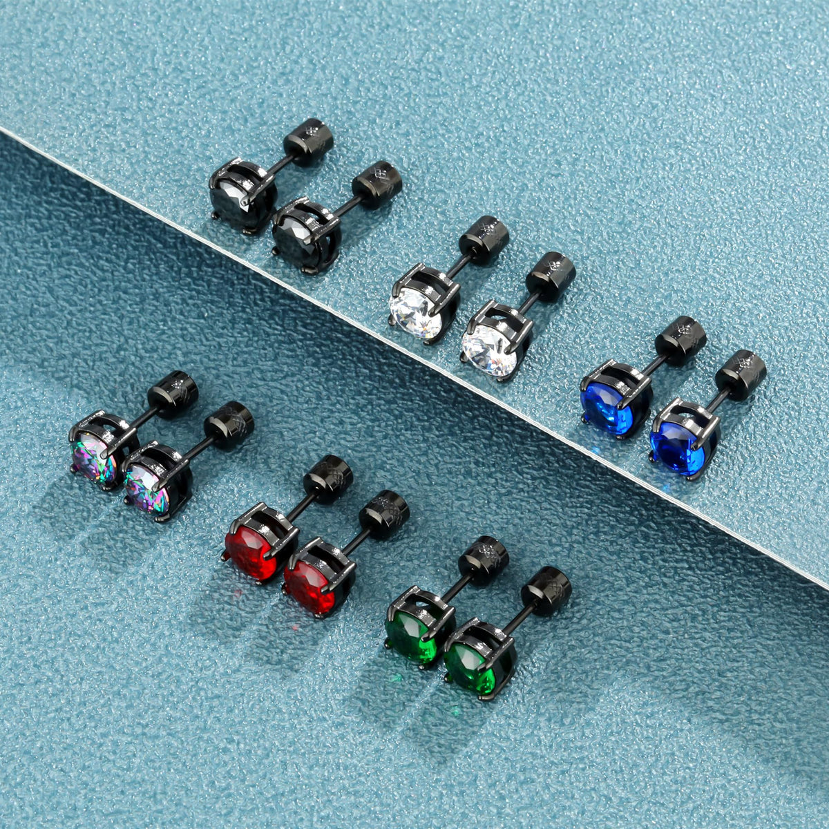 Hopply 4 Pairs Titanium Screw Back Surgical Stainless Steel Earrings for Women Men,Rainbow 5A Cubic Zirconia Studs Double Side Earrings Piercing Sleeper Jewelry 6mm (Green/Red/Blue/Rainbow CZ 3-6mm)