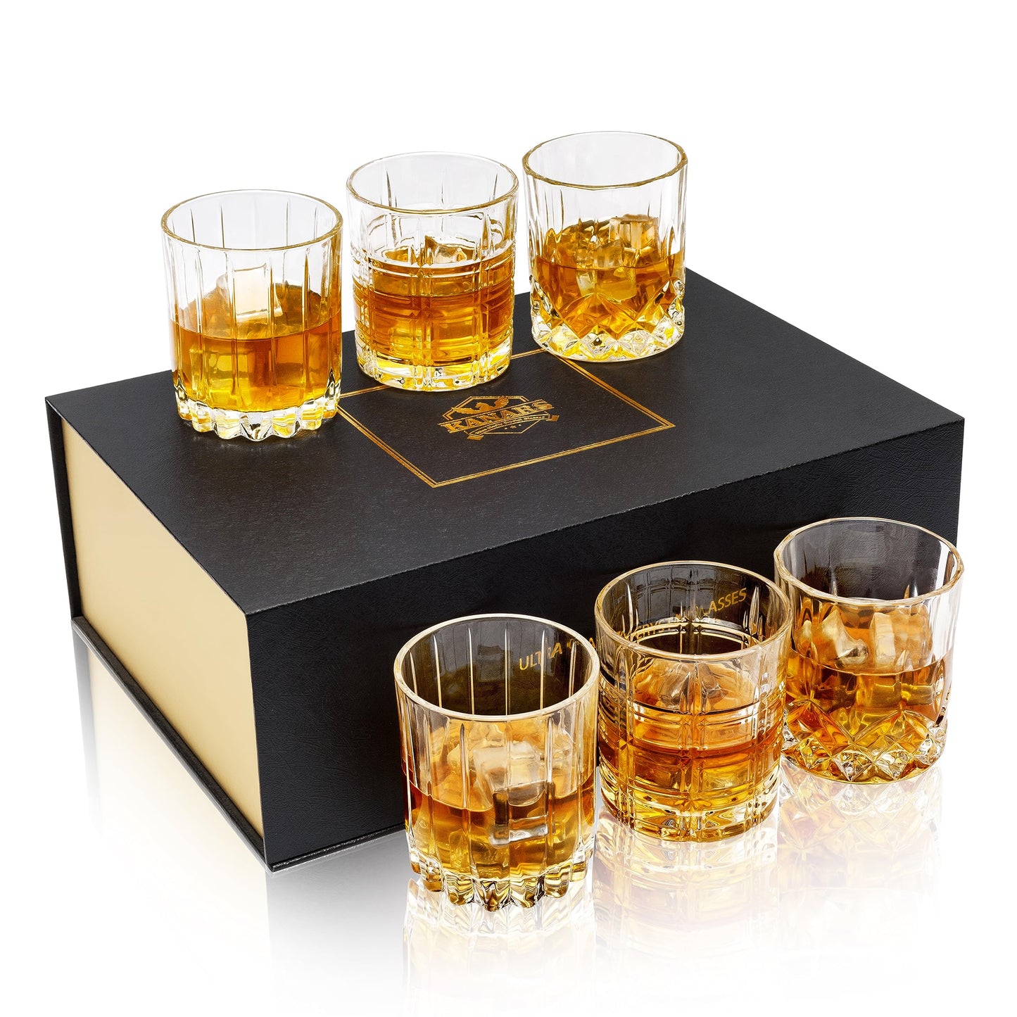 KANARS Crystal Whiskey Glasses, Mixed 10 Oz Scotch Glasses Set of 6, Rock Bar Tumblers 3 Patterns in Luxury Gift Box for Birthday, Anniversary, Housewarming, Father's Day and Wedding