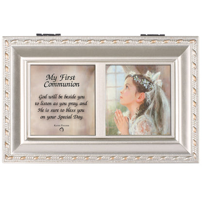 Cottage Garden First Communion God Beside You Brushed Silvertone Jewelry Music Box Plays Amazing Grace