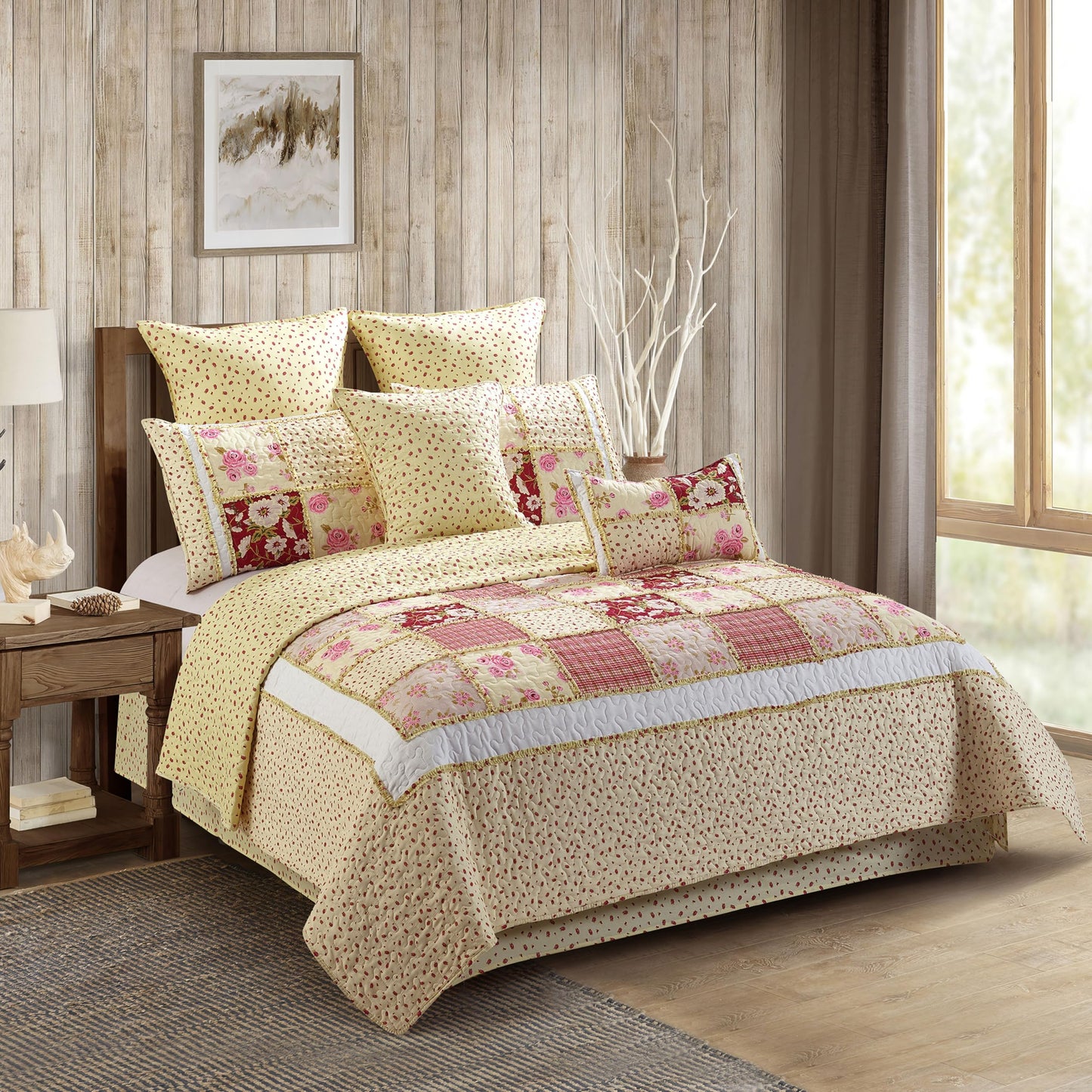 Virah Bella 3 Piece Full/Queen Lodge Quilt Bedding Set - Rustic Country Reversible Comforter Set with Decorative Pillow Shams - Kensington Floral