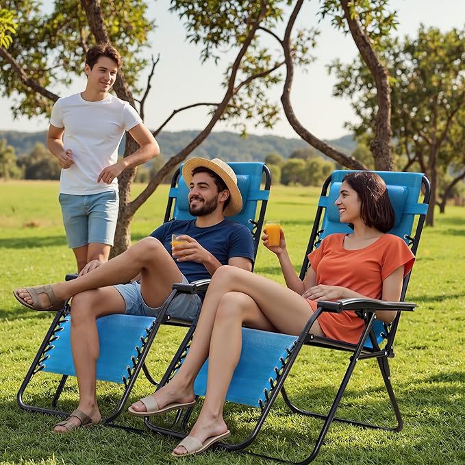 Homall Zero Gravity Chair Adjustable Folding Lawn Lounge Chairs Outdoor Lounge Gravity Chair Camp Reclining Chair with Pillows for Poolside Backyard and Beach Set of 2 (Sky Blue)