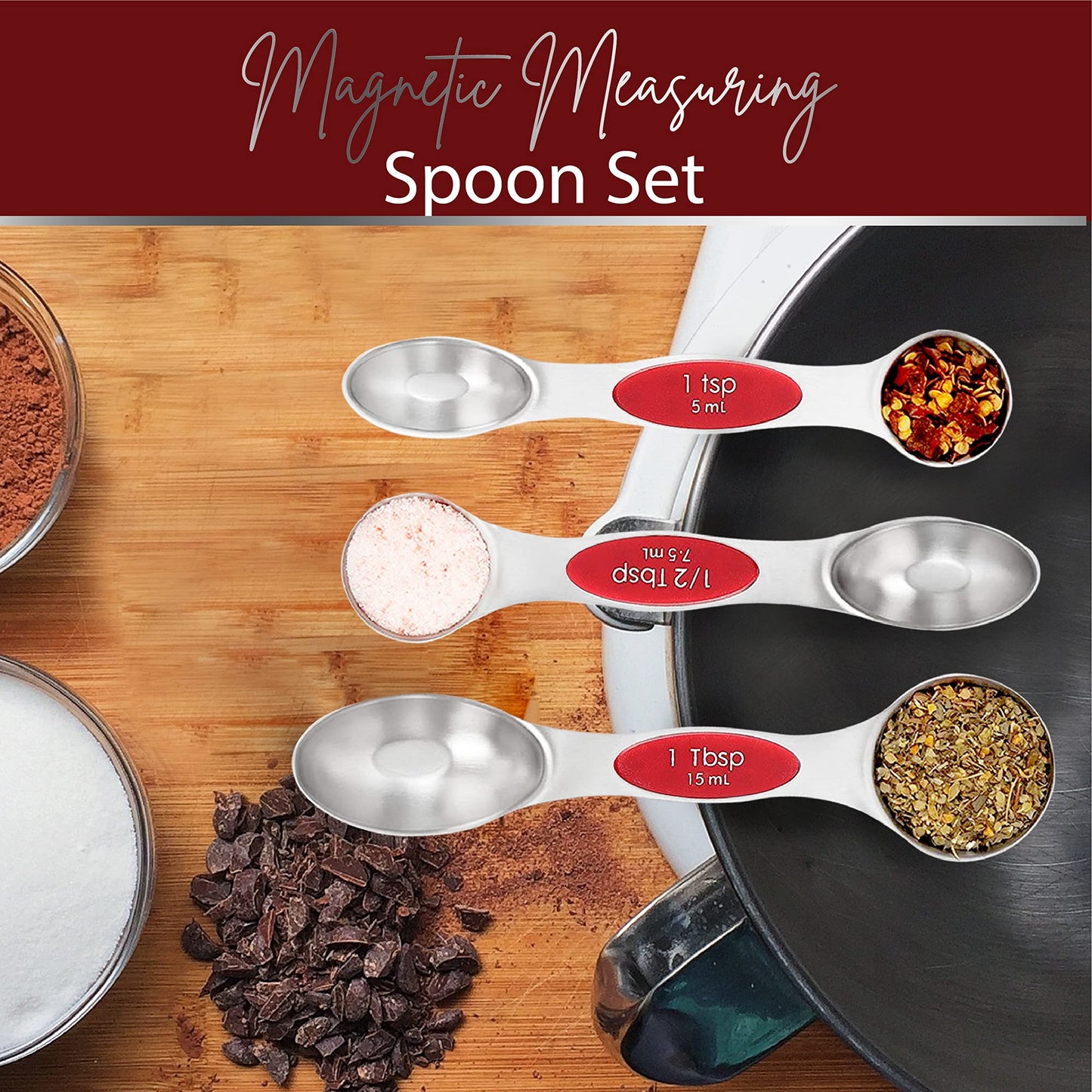 Magnetic Measuring Spoons Set of 9 Stainless Steel Dual-Sided Stackable Measuring Spoon Nesting Teaspoons Measuring Dry and Liquid Ingredients, Fits in Spice Jars Set of 9 (Red)