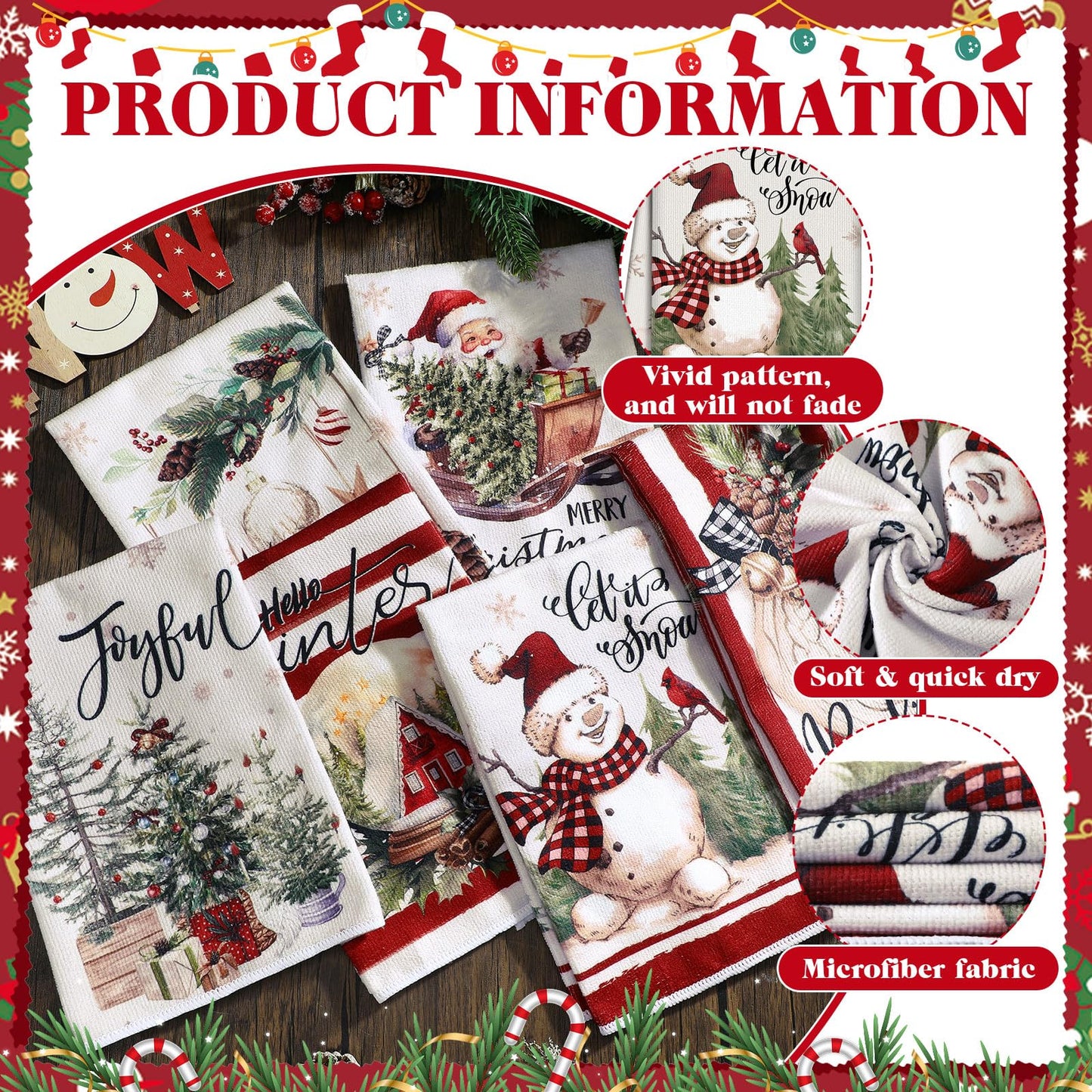 FuWeave 6 Pcs Christmas Kitchen Towels Red White Snowman Winter Dish Towel 21 x 14 Inch Decorative Bathroom Hand Towel Absorbent Holiday Tea Towel Christmas Decor for Kitchen Farmhouse Gift