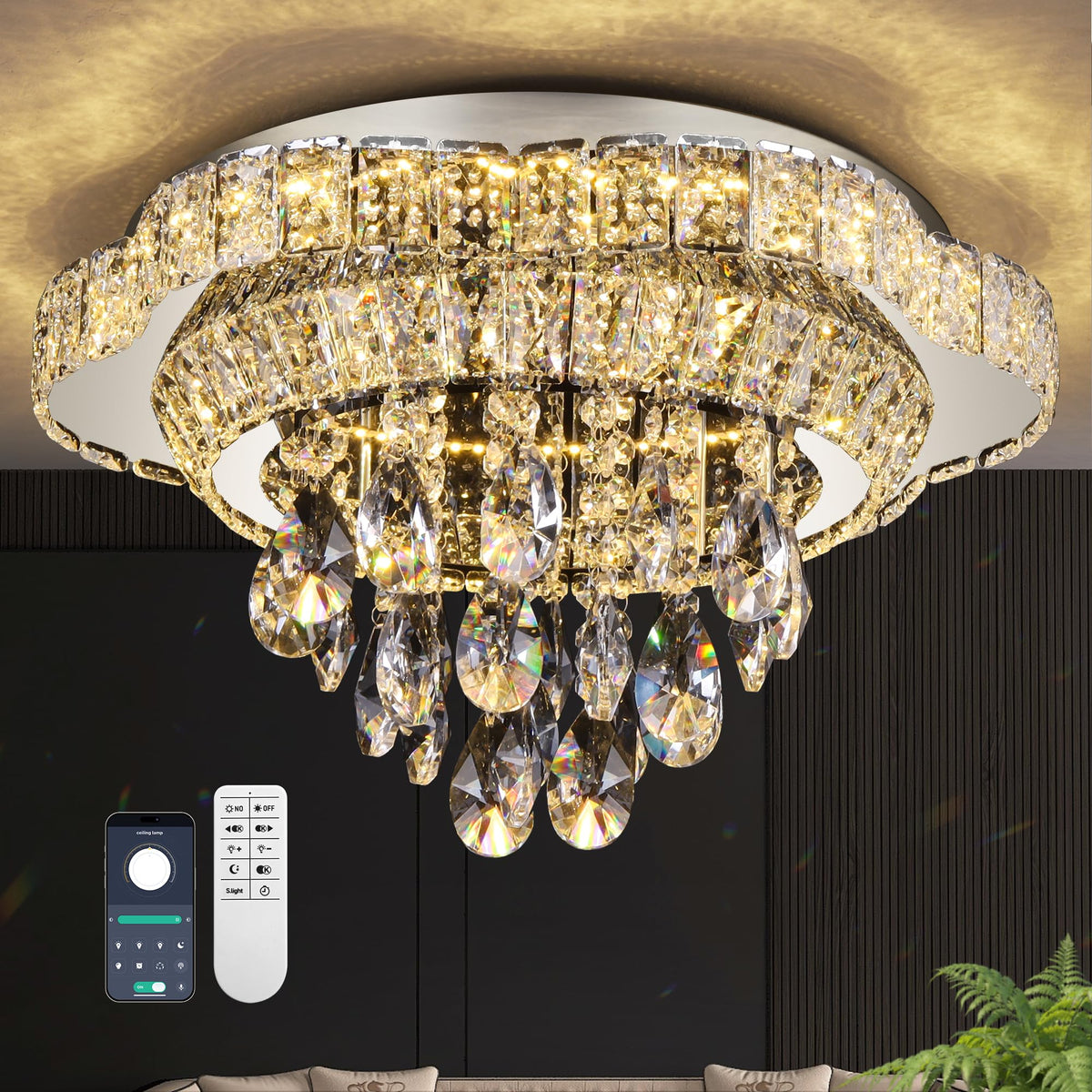 Kuailkag Silver 18" Modern Flush Mount Chandelier for Bedroom, LED Crystal Ceiling Light Over Table,Elegant Dining Room Lighting Fixture with Remote Control, 3CCT Dimmable