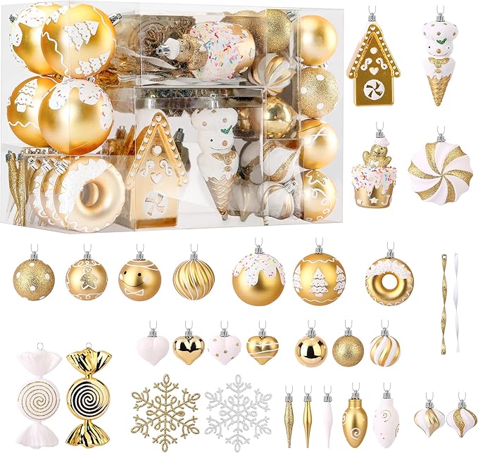 SHareconn 86pcs Christmas Tree Balls Ornaments, Shatterproof Plastic Decorative Baubles for Christmas Tree Decorations, Holiday Wedding Party Decoration, Festive Ornaments,White Gold
