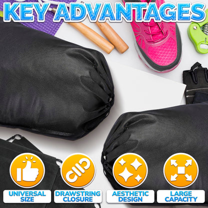 10 Pack Travel Shoe Bag Set – 11.8" x 15.75" Waterproof Drawstring Black Shoe Bags for Travel, Clothes, or Wet Gear – Lightweight Storage Organizer and Packing Essential for Women & Men