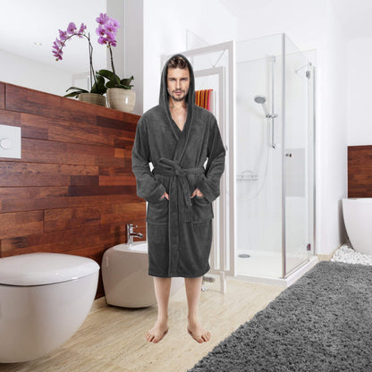 NY Threads Luxury Men’s Hooded Dressing Gown Super Soft Men’s Fleece Robe Cozy Hooded Plush Loungewear, Large, Dark Grey