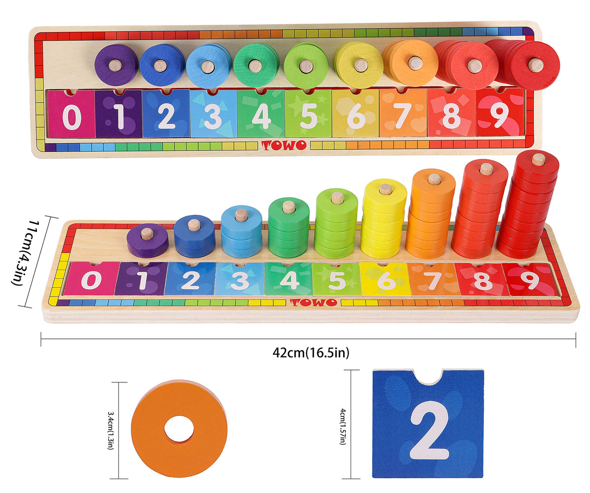 TOWO Wooden Stacking Rings and Counting Games with 45 Rings Number Blocks- Counting Ring Stacker-Wooden Sorting Counting Toy for 3 Years Old Kids Maths Learning Montessori Materials