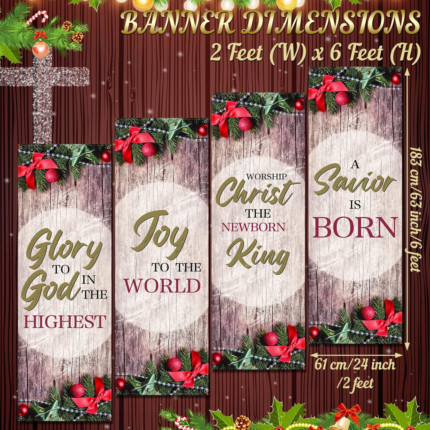 Hosuly 4 Pcs Christmas Church Banners with Scripture Church Banners for Sanctuary Wall Worship Holiday Inspirational Religious Praise Hanging Signs for Xmas Decor