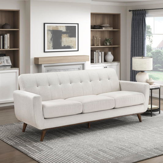 Lexicon Modern Accent Couch, Textured Fabric Upholstered Sofa with Brown Wood Legs, Track Arms, Tufted Couch Back, 3 Seater Sofa for Living Room/Office/Waiting Room, Beige